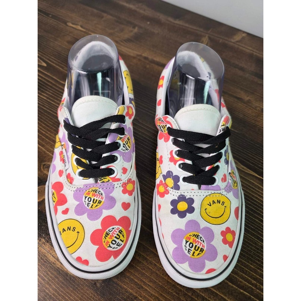 Vans Mens Sneakers Size 6.5 Women's 8 White Purple Happy Face Floral Skate Shoes